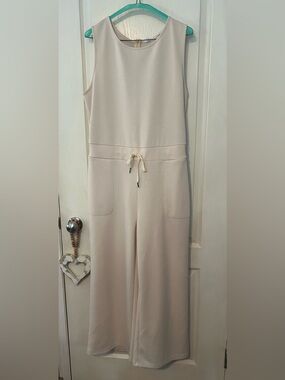 Anrabess Sleeveless Cream Wide-Leg Jumpsuit with Drawstring Waist